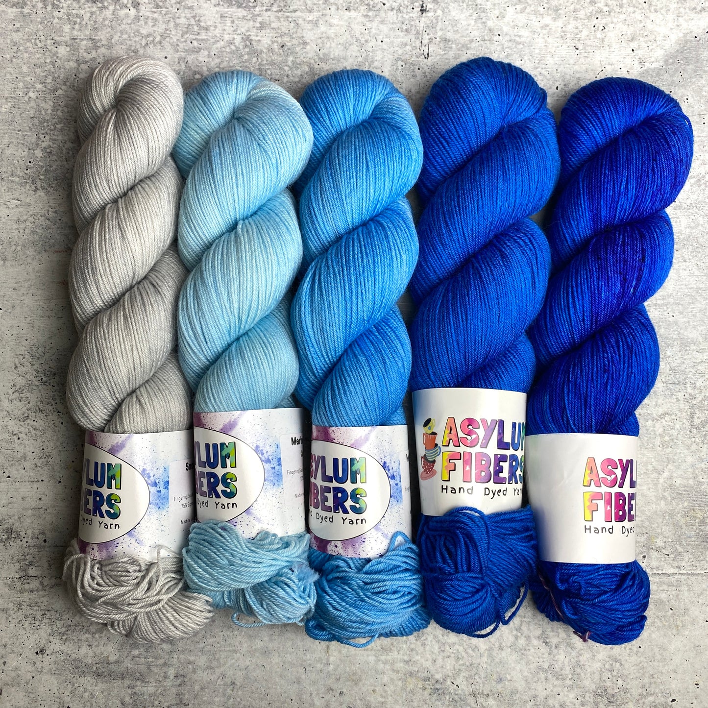 Ready to Ship - Blue Fade of 5 on Merino Fingering