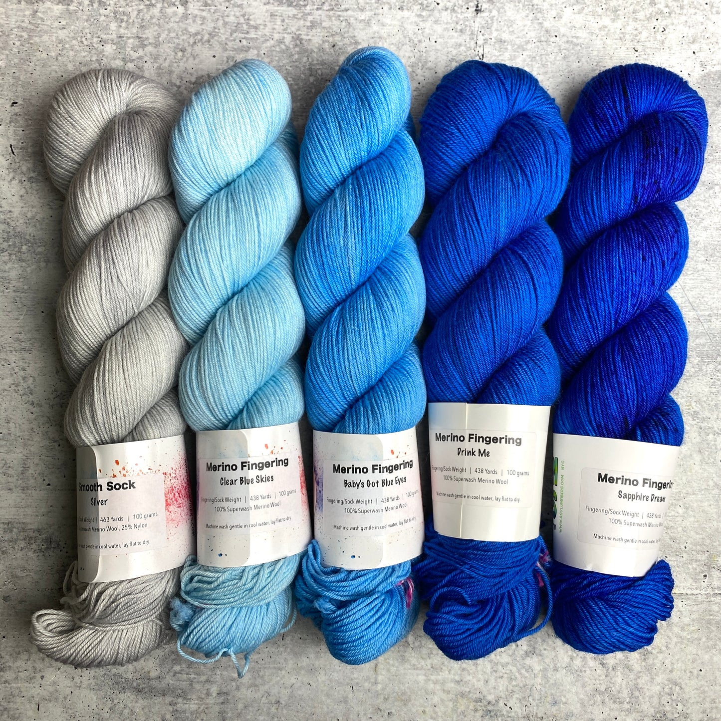 Ready to Ship - Blue Fade of 5 on Merino Fingering